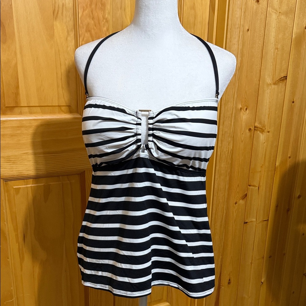 Lauren Ralph Lauren Black & White Striped Swim Tankini with Gold Detail, Size 14